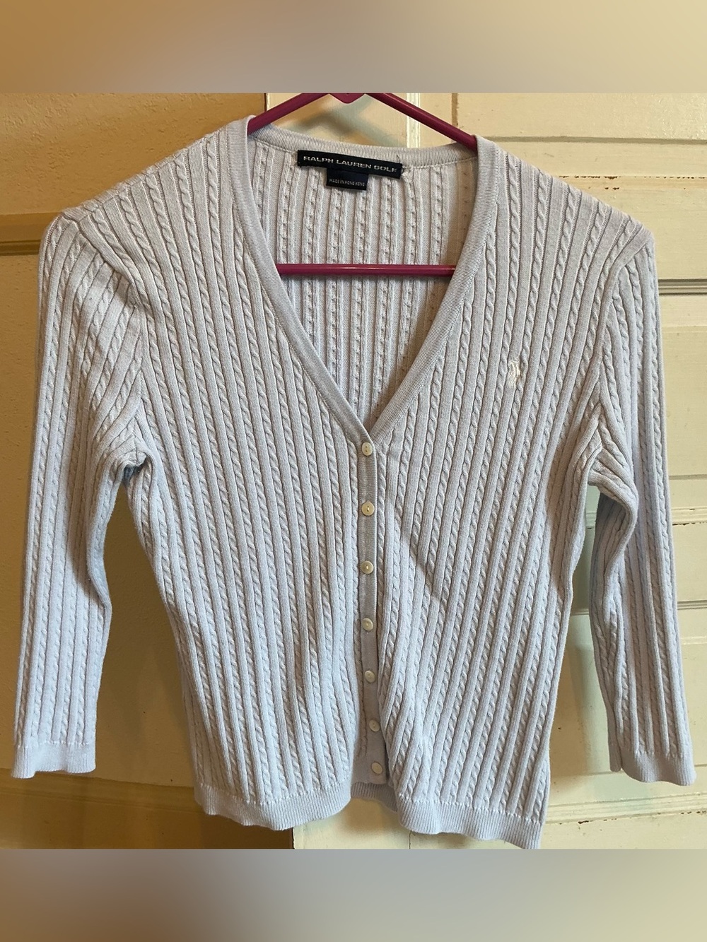Ralph Lauren Golf pale blue 100% cotton Cable-Knit V-Neck Cardigan